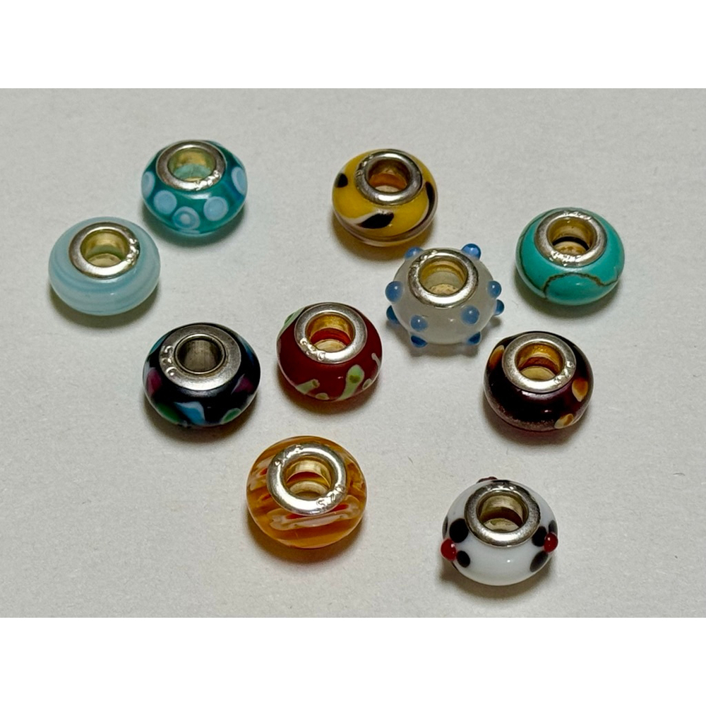 10x Murano Glass Charm Bracelet Beads - Sterling Silver Core